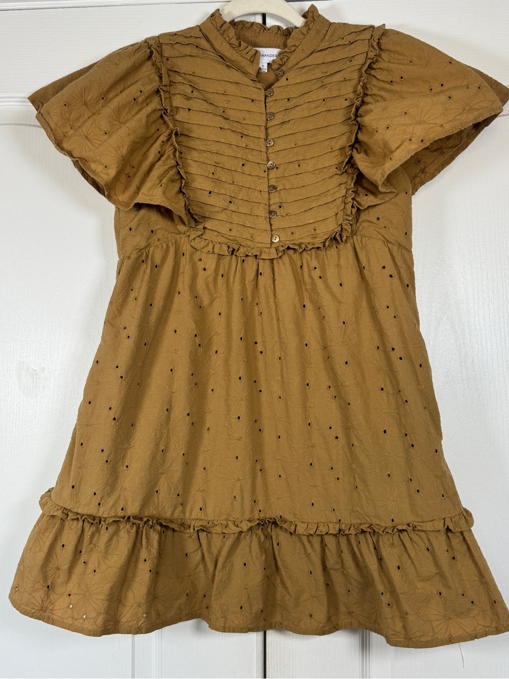 Lost + Wander Desert Flower Mini Dress Tan Eyelet Cotton Size S Ruffle - Picture 2 of 12
